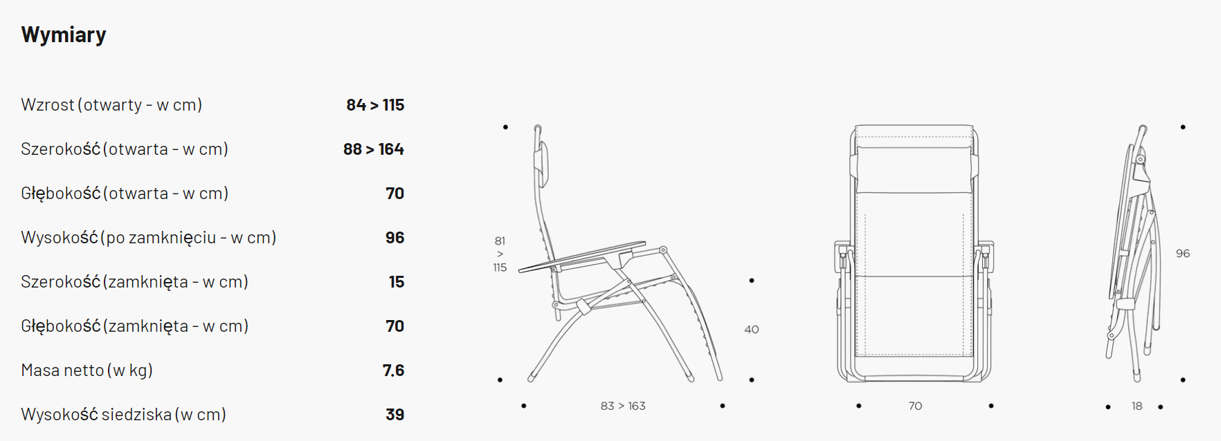 Wymiary leżaka Lafuma Futura Velio